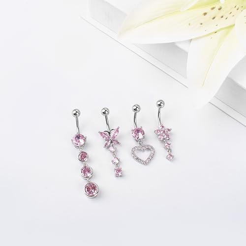 LEE&RO Belly Button Ring Dangle Stainless Steel Belly Rings 14G Belly Button Piercing Cute Navel Ring Belly Piercing Jewelry - style: Clear-Pink
