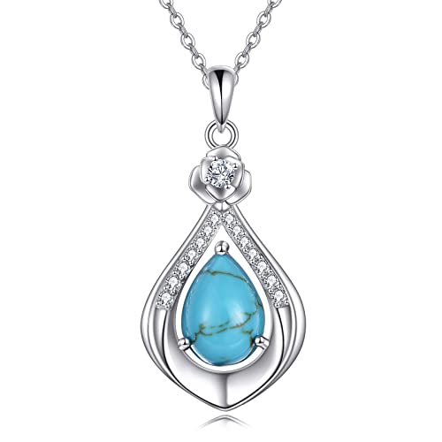 VONALA Sterling Silver Necklace Moss Agate/Turquoise/Larimar/Aquamarine/Opal/Black Onyx/Rose Quartz/Moonstone Pendant Teardrop Necklace Jewelry Gift for Women - style: Turquoise