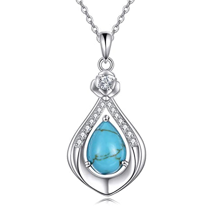 VONALA Sterling Silver Necklace Moss Agate/Turquoise/Larimar/Aquamarine/Opal/Black Onyx/Rose Quartz/Moonstone Pendant Teardrop Necklace Jewelry Gift for Women - style: Turquoise