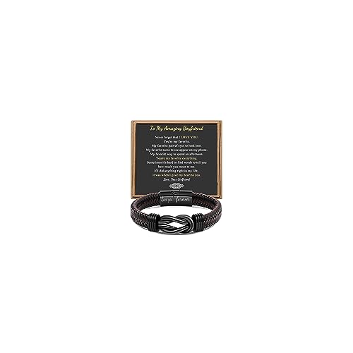 Gift for Men Infinity Bracelet for Men Dad Husband Boyfriend Son Grandson Brother Nephew Uncle Brown Braided Leather Forever Linked Together Stainless Steel Engraved with Love You Forever Jewelry 7.5|8.5|9 Inches - color: To My Amazing Boyfriend, size: 7.