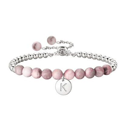 Ritach Initial Bracelets for Girls Kids - Pink Zebra Natural Stone Disc/Heart Initial Bracelet Adjustable Gold/Silver Beaded Bracelets for Girls Kids Teen Girl Jewelry Birthday Gifts - color: K-Silver