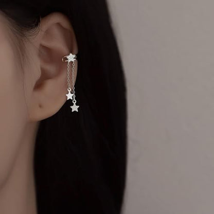 Dainty Star Tassel Dangle Ear Cuff Cartilage Clip On Earrings for Women 925 Sterling Silver Cubic Zirconia Crystal Small Huggie Hoops Chain Link Drop Dangling Layered Wrap Earring Fashion Birthday Jewelry Gifts Hypoallergenic Clips - color: Silver