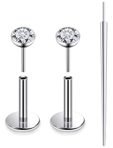 20G 18G 16G F136 Titanium Threadless Flat Back Earrings Nose Studs Tragus Forward Helix Conch Cartilage Lobe Earrings Medusa Labret Snake Bite Monroe Lip Ring Piercing Jewelry For Women Men - size: 20G-6MM Bar-CZ 2MM