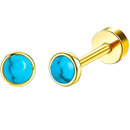 Stainless Steel Stud Earring 1 Pair Gold Flatback Earrings Hypoallergenic Screwback Jewellery Flat Back Helix Jewelry for Sensitive Ears Women Ladies Aretes De Mujer - style: Turquoise