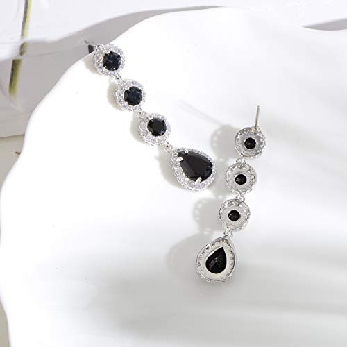 Women's Cubic Zirconia Bridal Earrings - Elegant Long Wedding Party Prom Earring for Bride Bridesmaids Crystal CZ Rhinestone Chandelier Statement Dangle Drop Earrings for girls - color: Black-silver