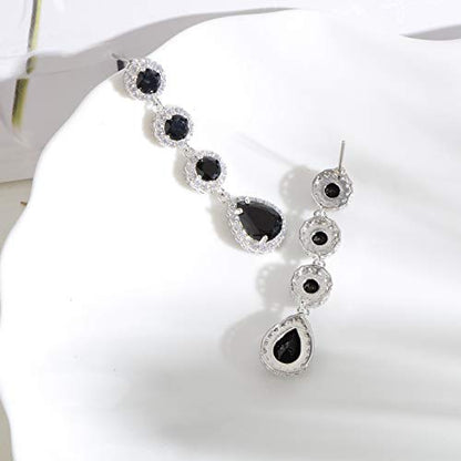 Women's Cubic Zirconia Bridal Earrings - Elegant Long Wedding Party Prom Earring for Bride Bridesmaids Crystal CZ Rhinestone Chandelier Statement Dangle Drop Earrings for girls - color: Black-silver