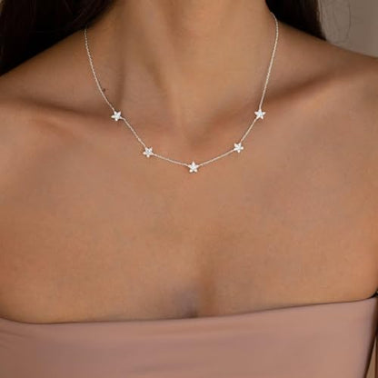 VRIUA Necklaces for Women - 14K Gold/Silver Plated Dainty Chain Necklace with Five Charms: Diamond, Bow, Snowflake, Cross, Flower, Clover, Butterfly, Heart, Star of David, and Star Trendy Jewelry - color: Silver, style: Star-1