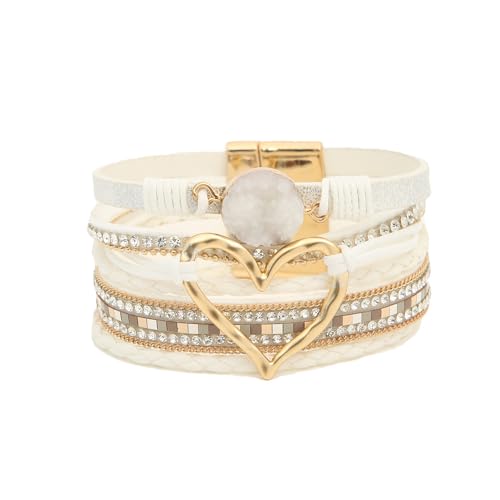 Fuqimanman2020 Heart Leather Wrap Bracelets Boho Stackable Cuff Bangles Resin Stone Rhinestone Bracelets with Clasp Christmas Jewelry Gift for Women - color: White
