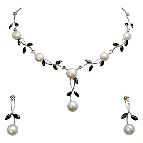 Faship Genuine Freshwater Pearls Floral Necklace Earrings Set | Premium CZ Crystal, Gorgeous, Sparkling - color: Black