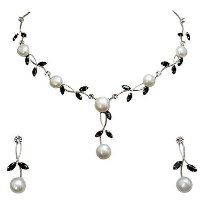 Faship Genuine Freshwater Pearls Floral Necklace Earrings Set | Premium CZ Crystal, Gorgeous, Sparkling - color: Black
