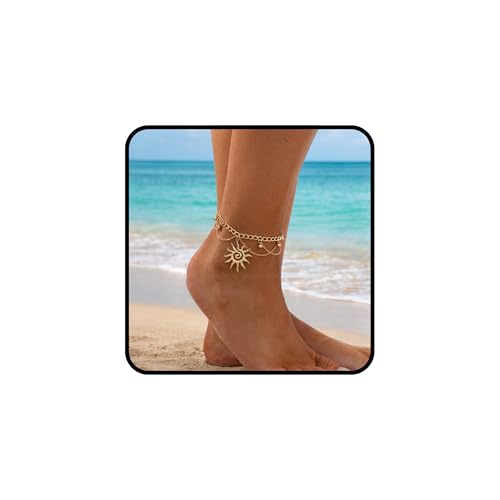 Gold Anklet for Women, Spiral Sun Charm Layered Boho Beach Ankle Bracelet Adjustable Double Chain Summer Beachy Ocean Jewelry Gift - color: Gold Sun