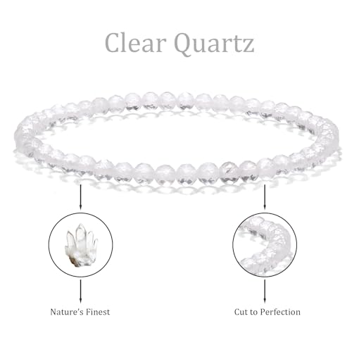 Natural Faceted Crystal Bracelet for Women,4mm Gemstone Round Beads Bracelets Adjustable Stretchy Healing Crystal Beads Bracelets Dainty Jewelry Gift - color: Clear Quartz