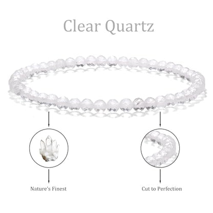Natural Faceted Crystal Bracelet for Women,4mm Gemstone Round Beads Bracelets Adjustable Stretchy Healing Crystal Beads Bracelets Dainty Jewelry Gift - color: Clear Quartz