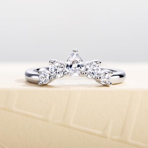 Cubic Zirconia Half Eternity Wedding Band Rings Round/Oval/Cushion Cut 5/6 Stones 5A Grade D Color CZ Stacking Band Engagement Promise Rings for Women - style: Raound & Pear