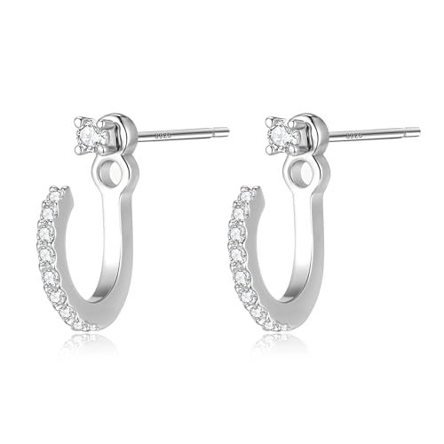 Dainty Mini Cubic Zirconia Small Ear Jacket Earrings for Women | 925 Sterling Silver Post, 14K Gold or Silver Plated, Hypoallergenic, 2mm CZ Tiny Stud Earrings with Half Hoop