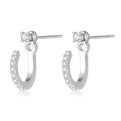 Dainty Mini Cubic Zirconia Small Ear Jacket Earrings for Women | 925 Sterling Silver Post, 14K Gold or Silver Plated, Hypoallergenic, 2mm CZ Tiny Stud Earrings with Half Hoop