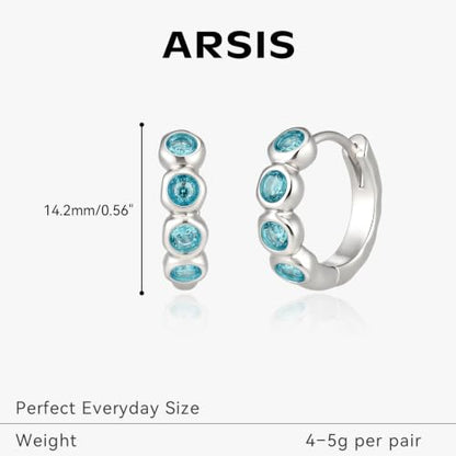 ARSIS Bubble Huggie Hoop Earrings for Women with Cubic Zirconia, Platinum/18K Gold Plated Bezel Hoop Earrings with Opal, Hypoallergenic Lightweight Jewelry, Clear/Ruby/Emerald Green/Aqua/Sapphire/Pink - color: Ocean Blue