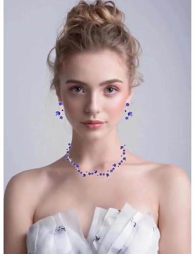 Brides Bridesmaid Flower Leaf Choker Necklace Dangle Earrings Link Bracelet Austrian Crystal Wedding Jewelry Set for Prom Costume Party Accessories for Woman - color: Blue-Gold Plated
