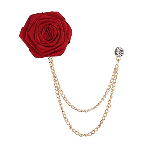 Bridegroom Wedding Brooch, Rose Flower Brooch Lapel Pin Badge Tassel Chain for Men Suit Accessories, Cloth Art Handmade Jewelry - color: Wine red
