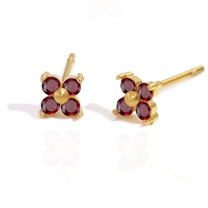 QueenBee 14K Gold Plated Ivy Flower Birthstone Stud Earrings for Women Dainty Floral Gemstone Studs Unique Jewelry Gift for Her - color: Jan-Garnet