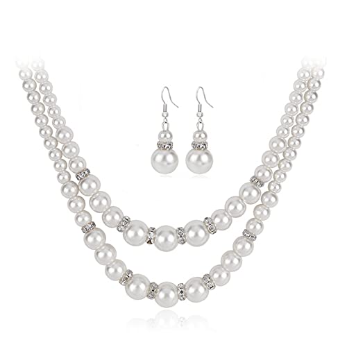 tenghong2021 Fashion Classic Faux Pearl Jewelry Set Necklace Bracelet Earrings for Women Best Gift - color: White Double Layered
