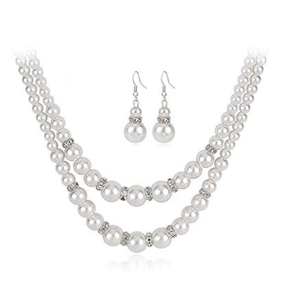 tenghong2021 Fashion Classic Faux Pearl Jewelry Set Necklace Bracelet Earrings for Women Best Gift - color: White Double Layered