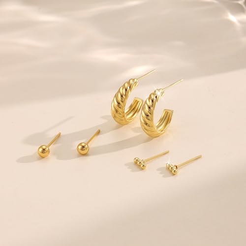 Freekiss 3 Pairs Hoop Earrings Set - Dainty Stud Dangle Cartilage for Women | Hypoallergenic Earrings, Cubic Zirconia Stackable Trendy Small Set Jewelry Gifts for Women - style: 2 Ball Stud+Twisted Hoop-GD