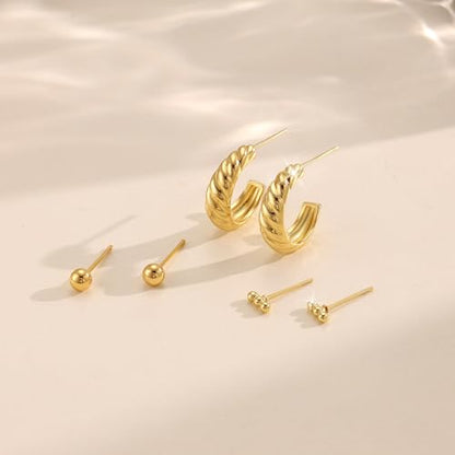 Freekiss 3 Pairs Hoop Earrings Set - Dainty Stud Dangle Cartilage for Women | Hypoallergenic Earrings, Cubic Zirconia Stackable Trendy Small Set Jewelry Gifts for Women - style: 2 Ball Stud+Twisted Hoop-GD
