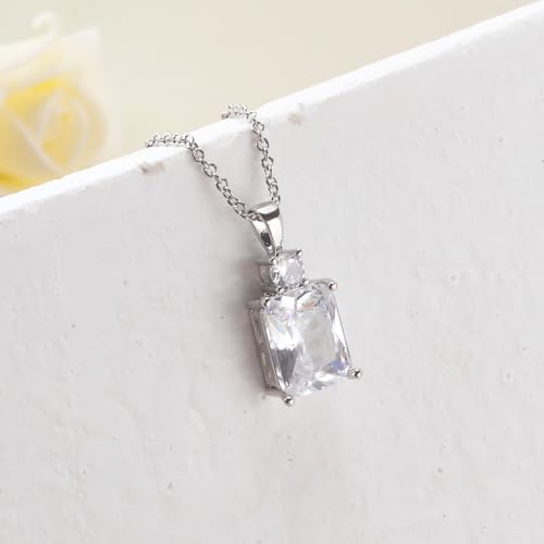 CiNily Rectangular Crystal Necklace for Women Trendy, Pendant Necklace with Chain 14K White Gold | Gold Plated Multicolor Birthstone Pendant Necklaces Boho Jewelry for Christmas Birthday Wedding - color: Silver-White cz