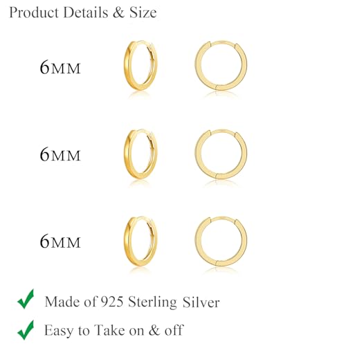 3 Pairs 925 Sterling Silver Small Huggie Hoop Earrings for Women Men | 14K White Gold Plated, Hypoallergenic, Small Silver Hoops - color: N-Gold 3Pairs 6mm