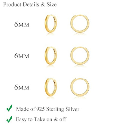 3 Pairs 925 Sterling Silver Small Huggie Hoop Earrings for Women Men | 14K White Gold Plated, Hypoallergenic, Small Silver Hoops - color: N-Gold 3Pairs 6mm