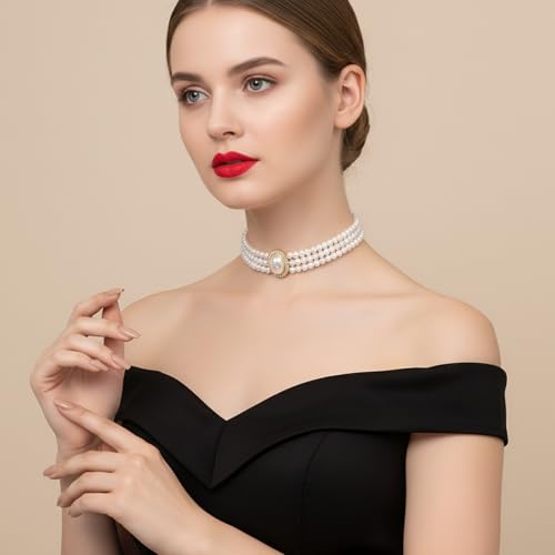 Hecila Pearl Choker Necklace for Women Boho 3 Tier Multilayer Dainty Rhinestones Pearls Chokers Layered Choker White Victorian Jewelry as Faux Pearl Vintage Chokers Necklace Birthday Christmas Gifts