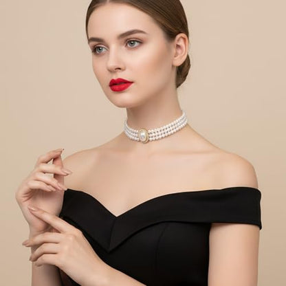 Hecila Pearl Choker Necklace for Women Boho 3 Tier Multilayer Dainty Rhinestones Pearls Chokers Layered Choker White Victorian Jewelry as Faux Pearl Vintage Chokers Necklace Birthday Christmas Gifts