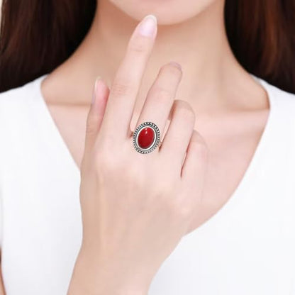 Natural Oval Stone Boho Ring,Retro Antique S925 Sterling Silver Crystal Quartz Gemstone Bohemian Statement Handmade Ring Jewelry for Women Her - color: B03_Red Quartz Jasper