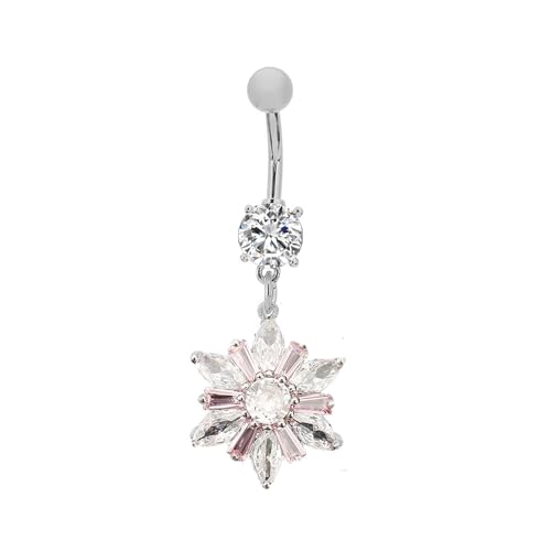 14G Dainty Rhinestone Flower Dangle Navel Ring for Women Fashion Statement Snowflake Crystal Drop Belly Button Rings Sparkly CZ Barbell Stud Sexy Body Piercing Jewelry - color: Silver