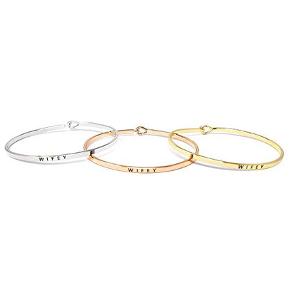 by you Inspirational Positive Message Engraved Thin Cuff Bangle Hook Bracelet - color: Wifey-Silver