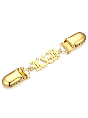 Custom4U Personalized Sweater Clips for Cardigans, Custom Name Initials Cinch Clip, Stainless Steel Dress Clips Back Cinch Shirt Clips for Women Clothing, Shawl Dress Shirts Cincher Small Brooch Jewelry Gifts - color: Gold Color-Old English Font