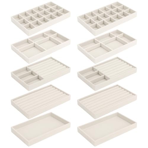 10 Pack Jewelry Organizer Tray Drawer Inserts Stackable Velvet Liner Dividers Customizable Jewellery Box Foam Ring Earring Holder Necklace Bracelet Storage Display Dish Flat in Dresser Vanity - color: Beige