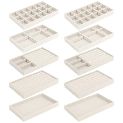 10 Pack Jewelry Organizer Tray Drawer Inserts Stackable Velvet Liner Dividers Customizable Jewellery Box Foam Ring Earring Holder Necklace Bracelet Storage Display Dish Flat in Dresser Vanity - color: Beige