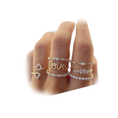 Women Gold Love Knuckle Rings Set - Vintage Stackable Midi Rings with Dainty Cubic Zirconia Crystal, Simple Twist Hollow Design, Cute Jewelry Gift Pack