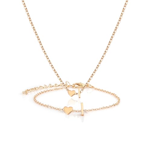 Gold Bracelets For Women Heart Initial Letter Pendant Necklace and Bracelet Set Personalized Jewelry Sets for Women Birthday Gifts for Mom Her Daughter Initial Necklace 14K Silver Plated - style: Gold-I