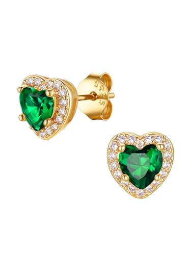 FindChic Birthstone Earrings for Women, Round/Heart/Square/Teardrop Earrings with 925 Sterling Silver Posts & Push Backs, Hypoallergenic Studs with Cubic Zirconia, 12 Months Jewelry with Gift Box - style: 05. May-Emerald (Heart-Gold)