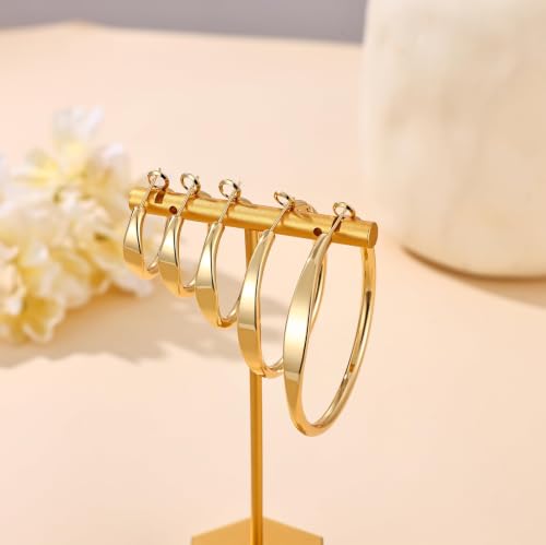 sovesi Flat Edge Chunky Hoop Earrings for Women 14k Gold Plated, 5mm Thick Hoops, Lightweight Hypoallergenic Hoop Earrings - color: Gold 50mm