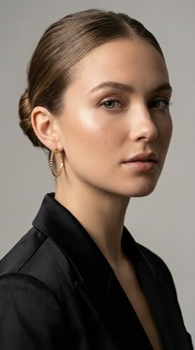 FAN&LOUIS 24K Gold Plated Hoop Clip On Earrings for Women, Gold Beaded Hoop Trendy Hypoallergenic Non Pierced Earrings Painless Lightweight 38mm Clip-On Earrings - style: Gold