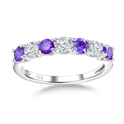 Birthstone Wedding Band Eternity Rings 925 Sterling Silver Rings Stackable Anniversary Engagement Rings Cubic Zirconia Inlaid Created Garnet/Amethyst/Sapphire Ring 7 Stone Ring, Size 6 to 10 - color: Amethyst & 5A CZ