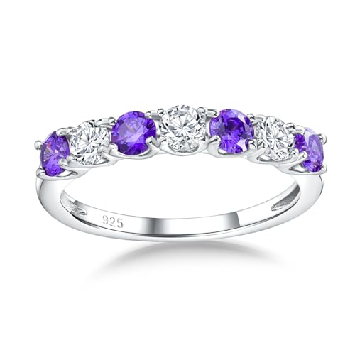 Birthstone Wedding Band Eternity Rings 925 Sterling Silver Rings Stackable Anniversary Engagement Rings Cubic Zirconia Inlaid Created Garnet/Amethyst/Sapphire Ring 7 Stone Ring, Size 6 to 10 - color: Amethyst & 5A CZ