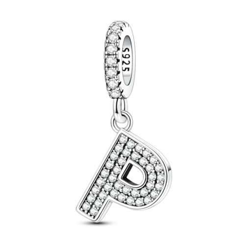 Hapour Letter 925 Sterling Silver Charm with Cubic Zirconia Alphabet A-Z Initial Dangle Charms Beads Pendent DIY Jewelry for Bracelets Necklace - color: P