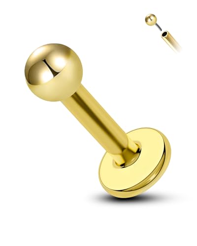 COCHARM 14K Solid Gold Helix Cartilage Tragus Earring Stud 16g Yellow Gold Threadless Tragus Cartilage Helix Conch Piercing Jewelry Flat Back Lip Labret Medusa Monroe Piercing Stud - color: 3mm Top, size: 6mm Length
