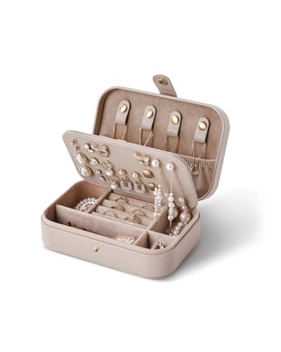 Jewelry Travel Case, Portable Travel Jewelry Box for Women, PU Leather, Snap Closure, Jewelry Holder Organizer Travel Essentials, Light Taupe - color: Light Taupe