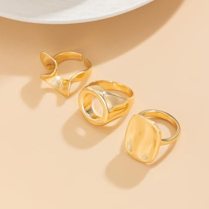 Chunky Gold Gemstone Ring Set for Women Adjustable Stackable Statement Rings Punk Geometric Turquoise Minimalist Jewelry - style: style P